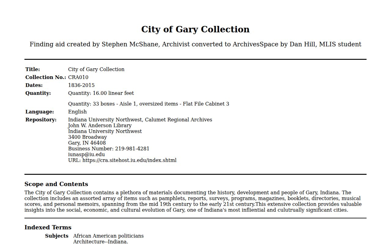 IU Northwest finding aid for the City of Gary archival collection