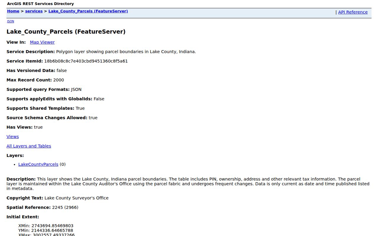 Lake County GIS parcel feature service for browsing Gary streets